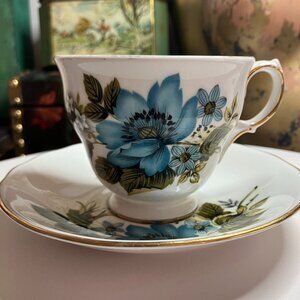 Vintage Tea Cup and Saucer Queen Anne Bone China Blue Clematis Made in England